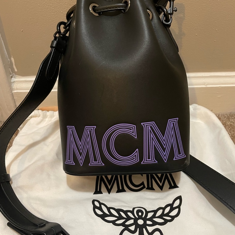 MCM Black Bucket Bag with Purple Logo